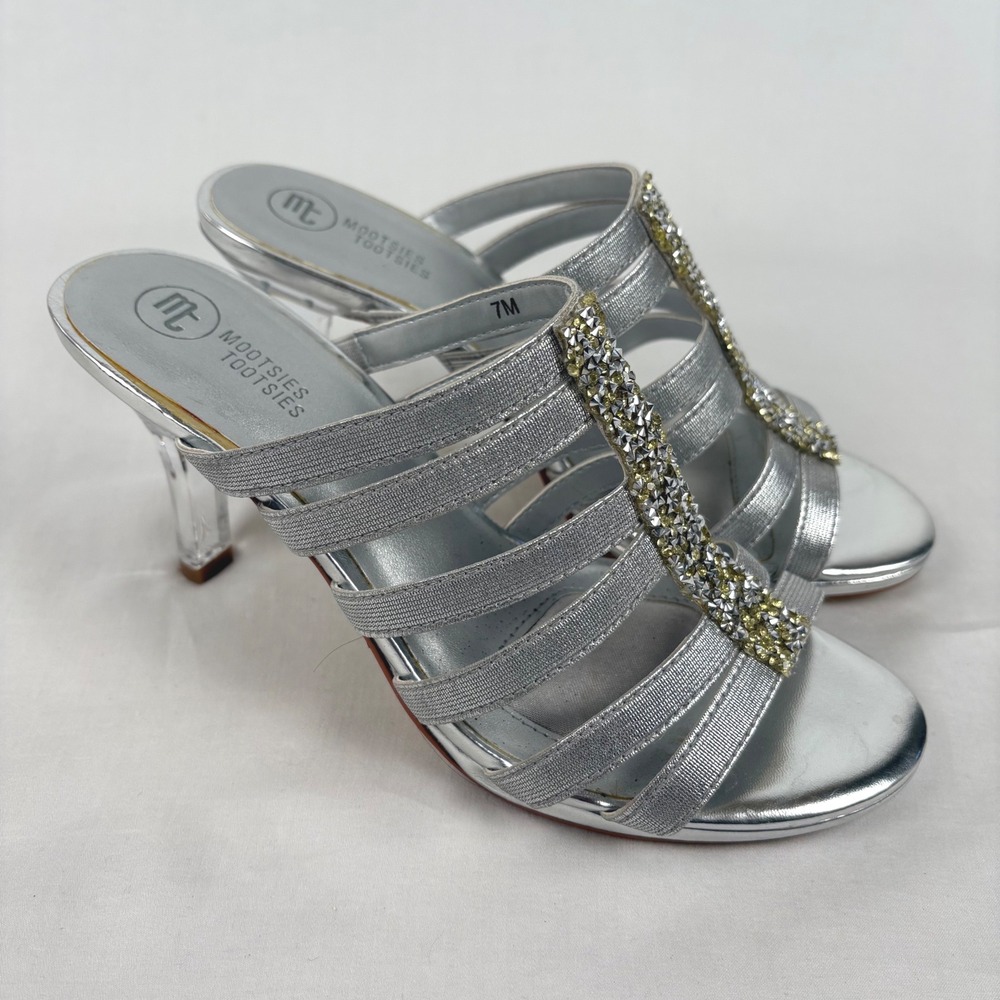 Mootsies Tootsies Harp Sandals 7M Silver Rhinestone Clear 3.5" Heel Glam Formal - Picture 2 of 8